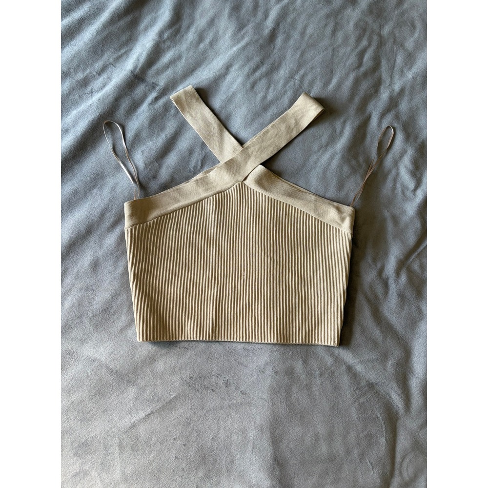 Debut Tan Ribbed Knit Crossover Halter Neck Crop Top Size M/L Neutral Minimalist